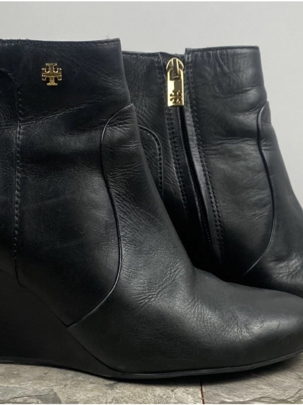 Tory Burch Black Leather Ankle Wedge Booties with Gold Logo Zipper